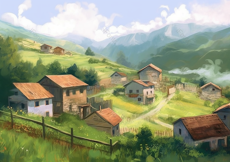 篱笆房子白云小村庄插画背景,插画/手绘图,插画/手绘图库,插画/手绘图下载,插画/手绘